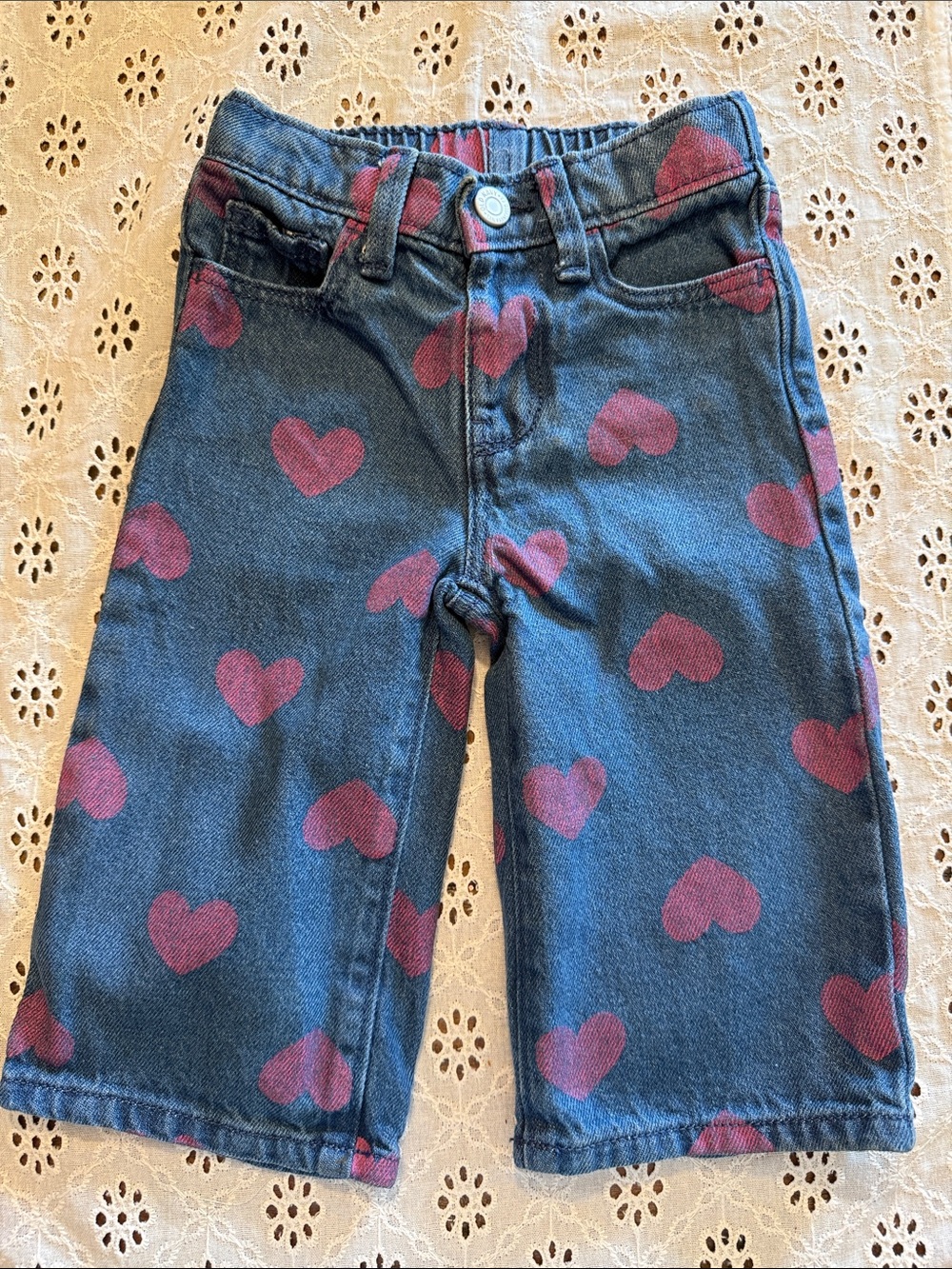 Old Navy wide leg Kids Heart-Print Denim pants - Blue with Pink Hearts